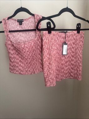 PrettyLittleThing Pink Marled Knit Crop Top & Mini Skirt Set